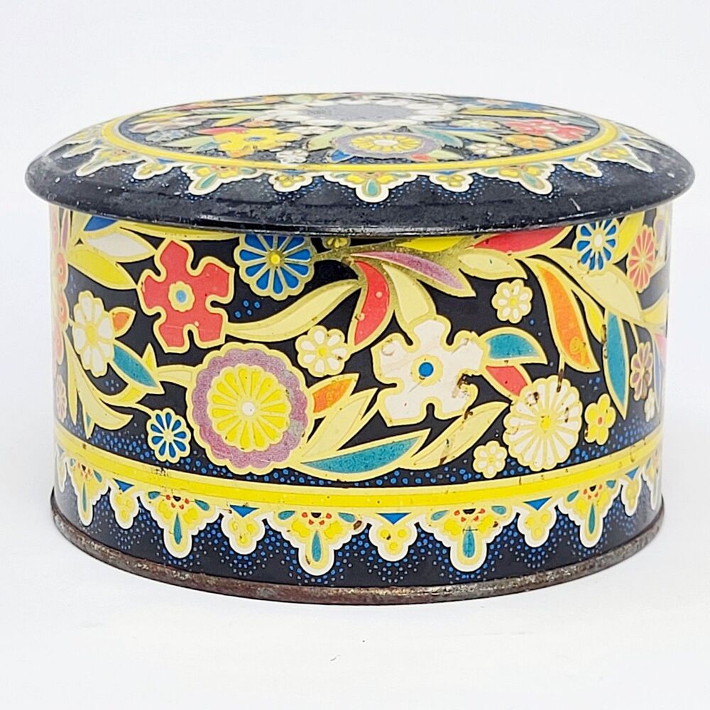 Vintage Daher Floral Tin Made In England Vanity Powder‎ Trinket Box Retro